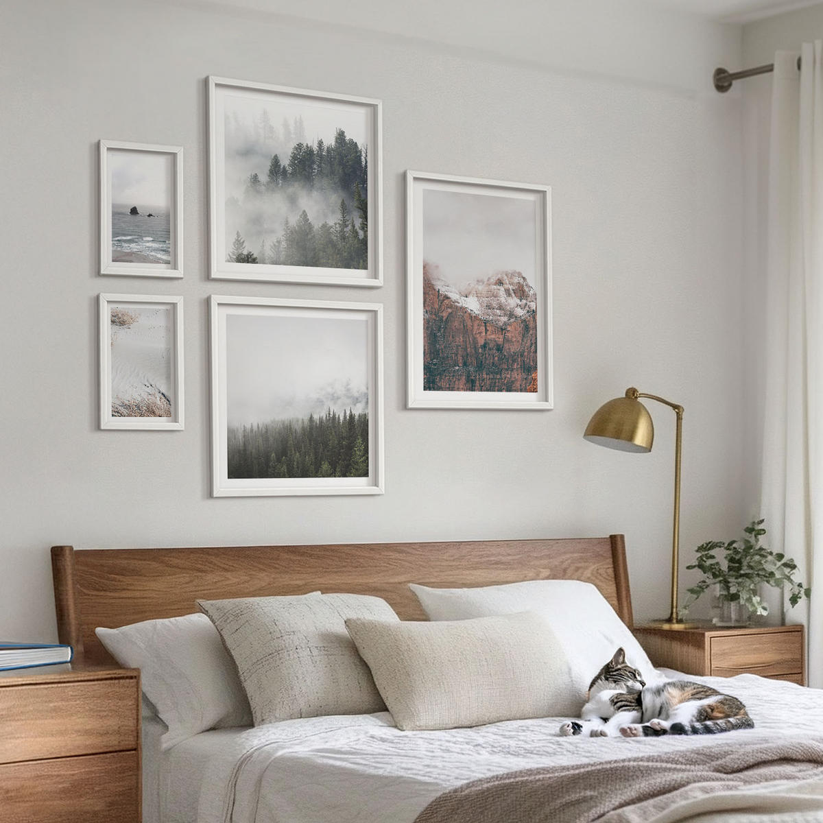 WANDBILDER 5er-Set - 50x50 cm & 20x30 cm & 40x60 cm Weißer Rahmen - Abstrakte Wellen, graue Pastellfarben - Weiß, Kunststoff (40/60cm) - ArtPrintCave