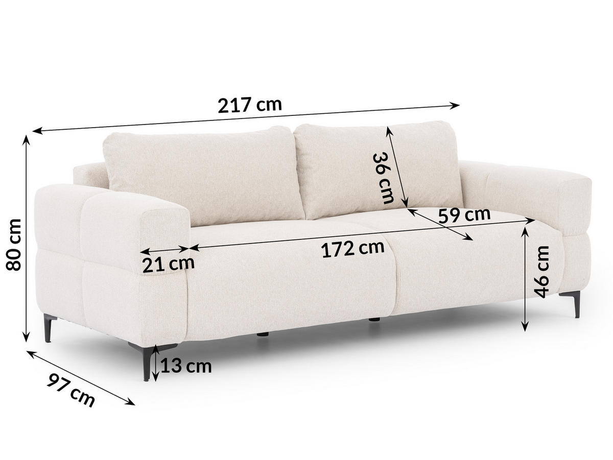 3-SITZER-SOFA Cardea in Bubble-Optik aus weichem Creme Strukturstoff mit hohem Sitzkomfort - Creme/Schwarz, Holz/Textil (217/80/97cm) - S-Style Möbel
