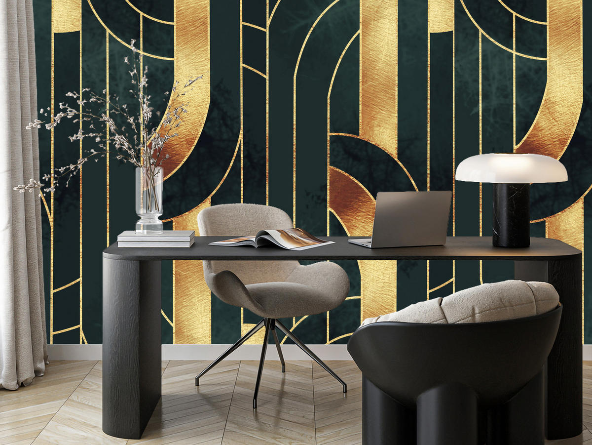 FOTOTAPETE für Büro Imitation Goldene Abstraktion Formen Geometrischn 300x210 - Schwarz, Papier (300/210cm) - Muralo