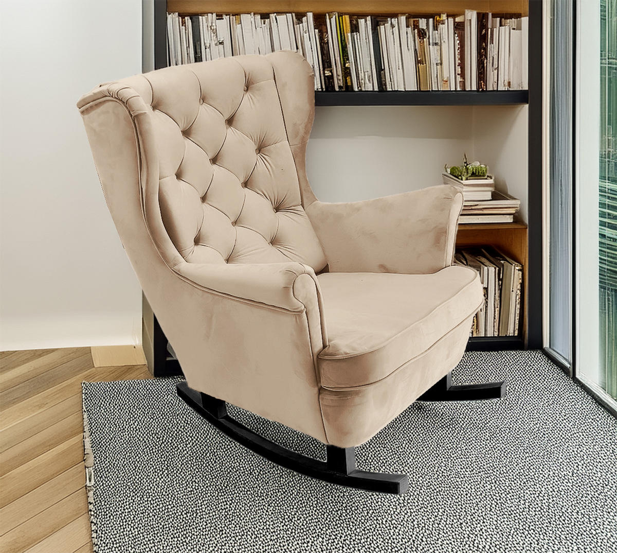 SCHAUKELSESSEL mit gepolstertem Sitz und Armlehnen, 102x81x95 cm, Cappuccino_29812 - Ecru/Schwarz, Holz/Textil (81/102/95cm) - DomoHome