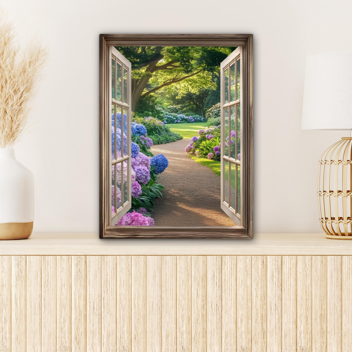 LEINWANDBILD Aussicht - Garten - Fenster - Hortensie - Blumen 30x40 cm - Pastellblau, Textil (30/40cm) - MuchoWow