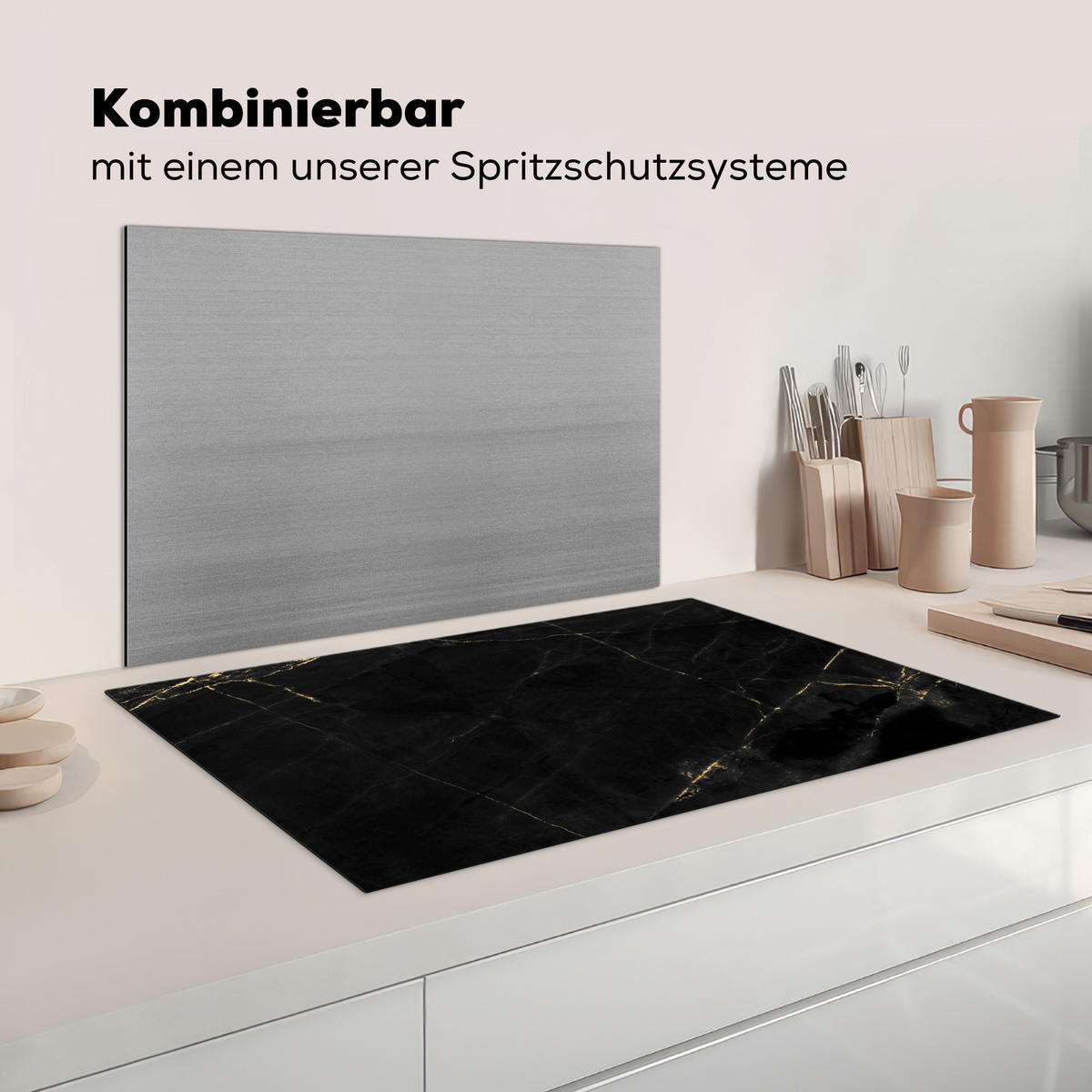 HERDABDECKPLATTE Marmor - Schwarz - Gold - Chic - Marmoroptik - Design Ceranfeldabdeckung 85x52 cm - Schwarz, Kunststoff (85/52/0.2cm) - MuchoWow