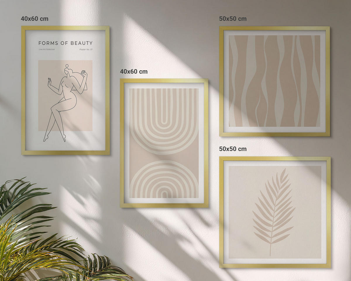WANDBILDER 4er Set - 50x50 cm & 40x60 cm Goldrahmen - Abstrakte Boho-Dekorationen - Goldfarben, Kunststoff (50/50cm) - ArtPrintCave