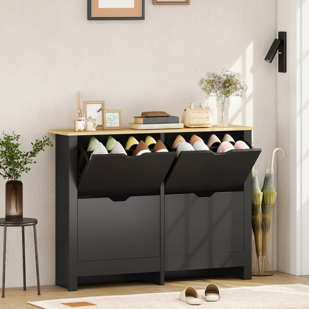 SCHUHSCHRANK Schwarz Natur Holzwerkstoff klappbar mit 4 Fächern 1 Stück - Multicolor, Holz (105/80/26cm) - PANGIVO