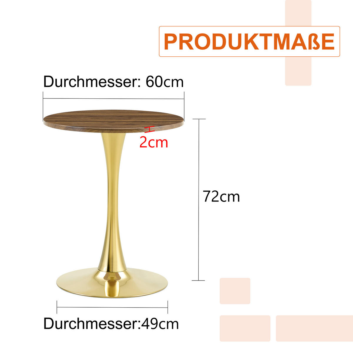 BEISTELLTISCH 60/60/72 cm mit runder MDF-Tischplatte und Metallfuß in Mid-Century-Optik, Gold/Walnuss - Goldfarben, Holzwerkstoff (60/60/72cm) - Redom