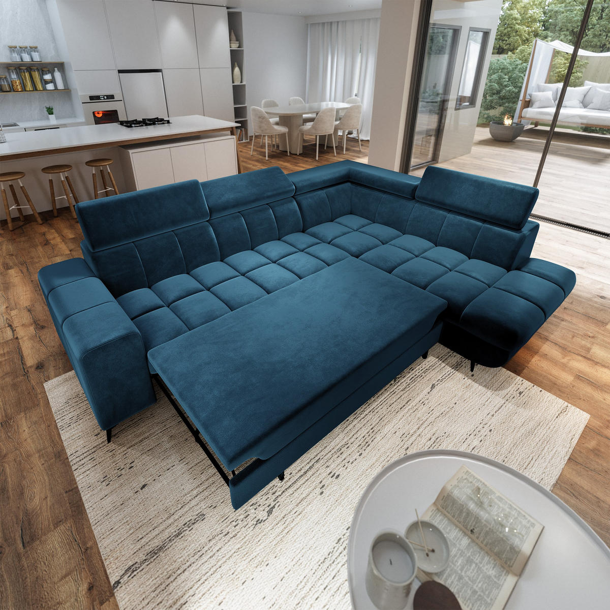 ECKSOFA MORIVA R-S Blau Velours-Stoff mit Schlaffunktion - Blau, Holz (253/190cm) - MASSENO