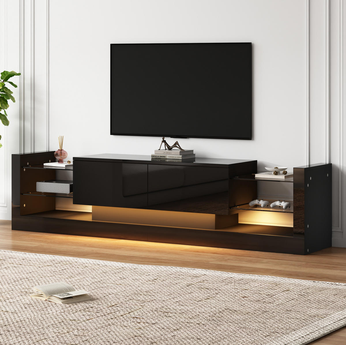 TV-LOWBOARD aus Spanplatte 181x38x38 cm Schwarz mit LED-Beleuchtung und 2 Klappschubladen - Schwarz, Holzwerkstoff (181/38/38cm) - IVMEU