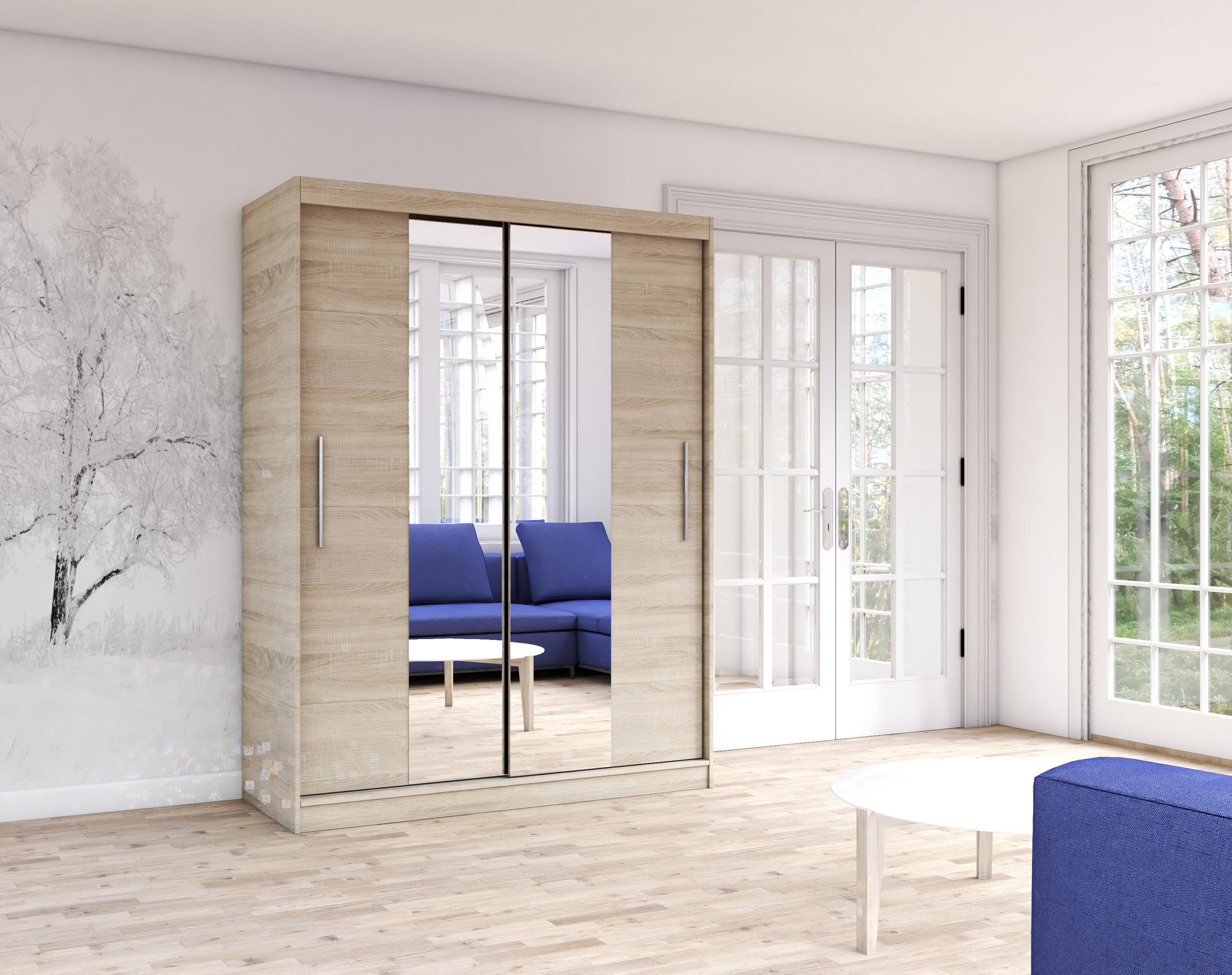 SCHWEBETÜRENSCHRANK Vista 01 Sonoma Eiche/Sonoma Eiche + Spiegel, mit LED - Beleuchtung 150 cm - Alufarben/Sonoma Eiche, Glas/Holzwerkstoff (150/200/61cm) - imoebel24
