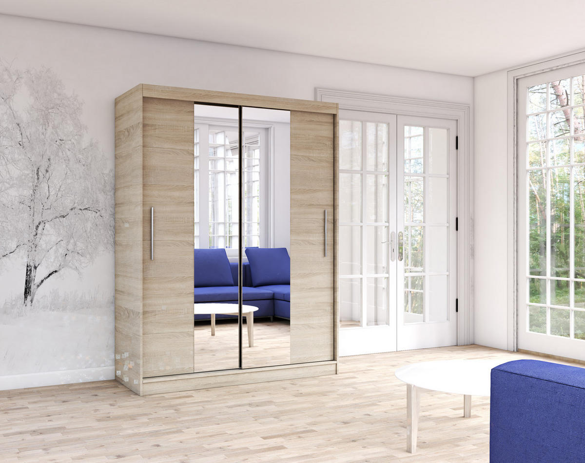 SCHWEBETÜRENSCHRANK Vista 01 Sonoma Eiche/Sonoma Eiche + Spiegel, mit LED - Beleuchtung 150 cm - Alufarben/Sonoma Eiche, Glas/Holzwerkstoff (150/200/61cm) - imoebel24