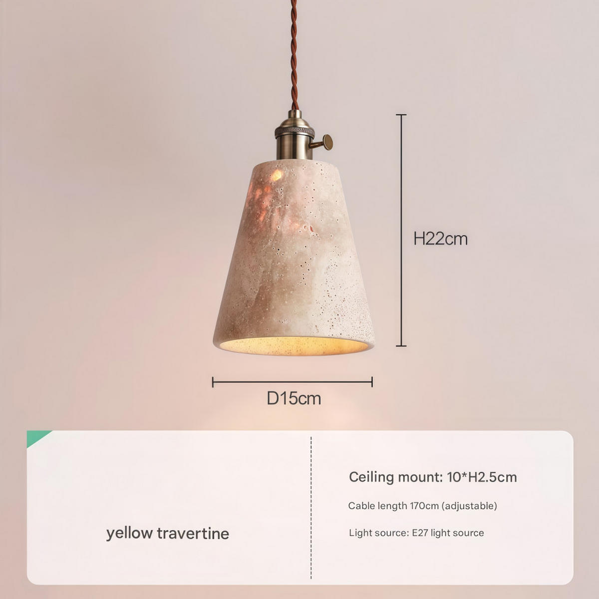 PENDELLEUCHTE Travertin Messing E27 22x15cm - Gelb, Stein (15/22/15cm) - Weltevree