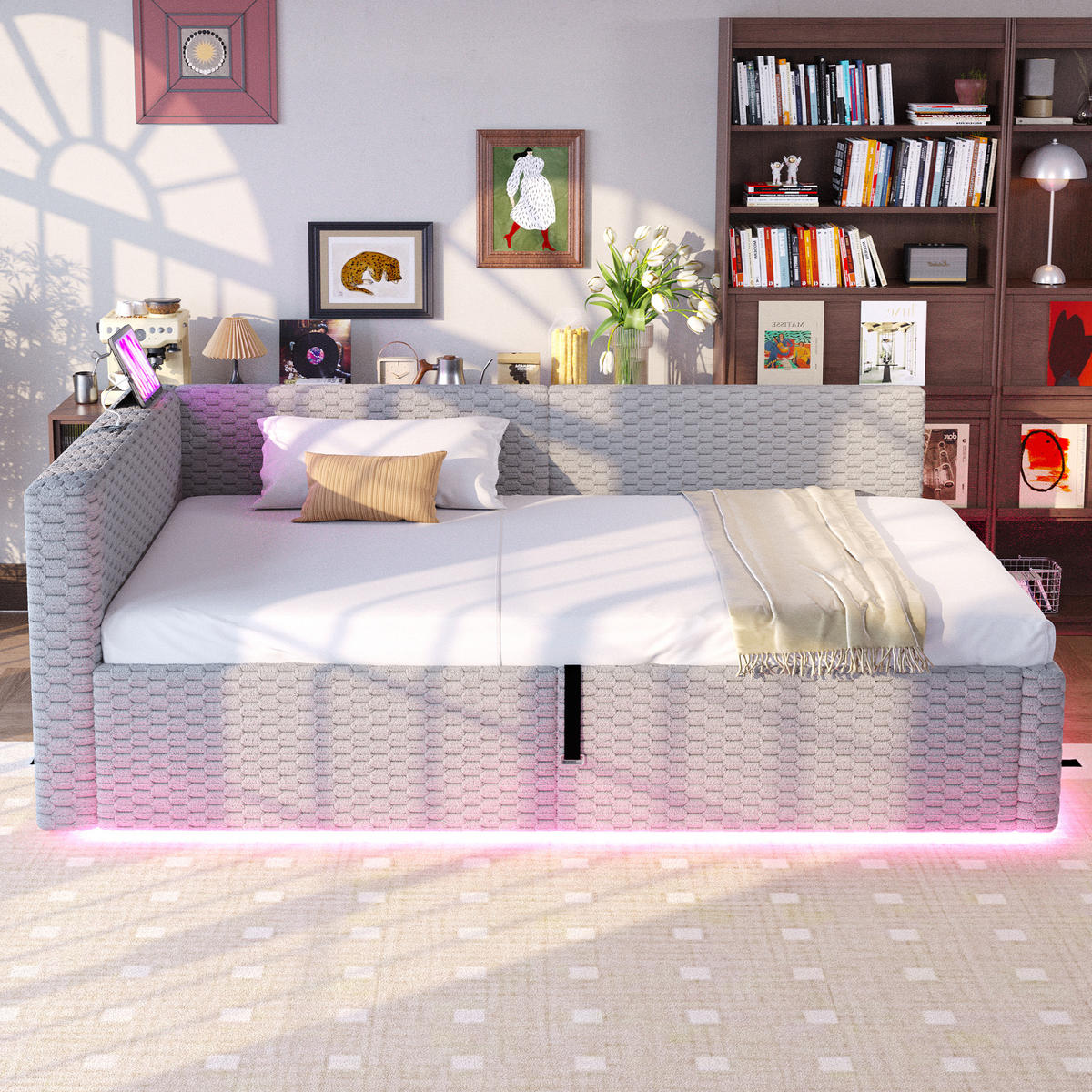 POLSTERBETT 90/200 cm Grau mit LED-Beleuchtung, USB-C-Anschluss und 2 USB-Anschlüssen - Grau, Textil (90/200cm) - Oxeza