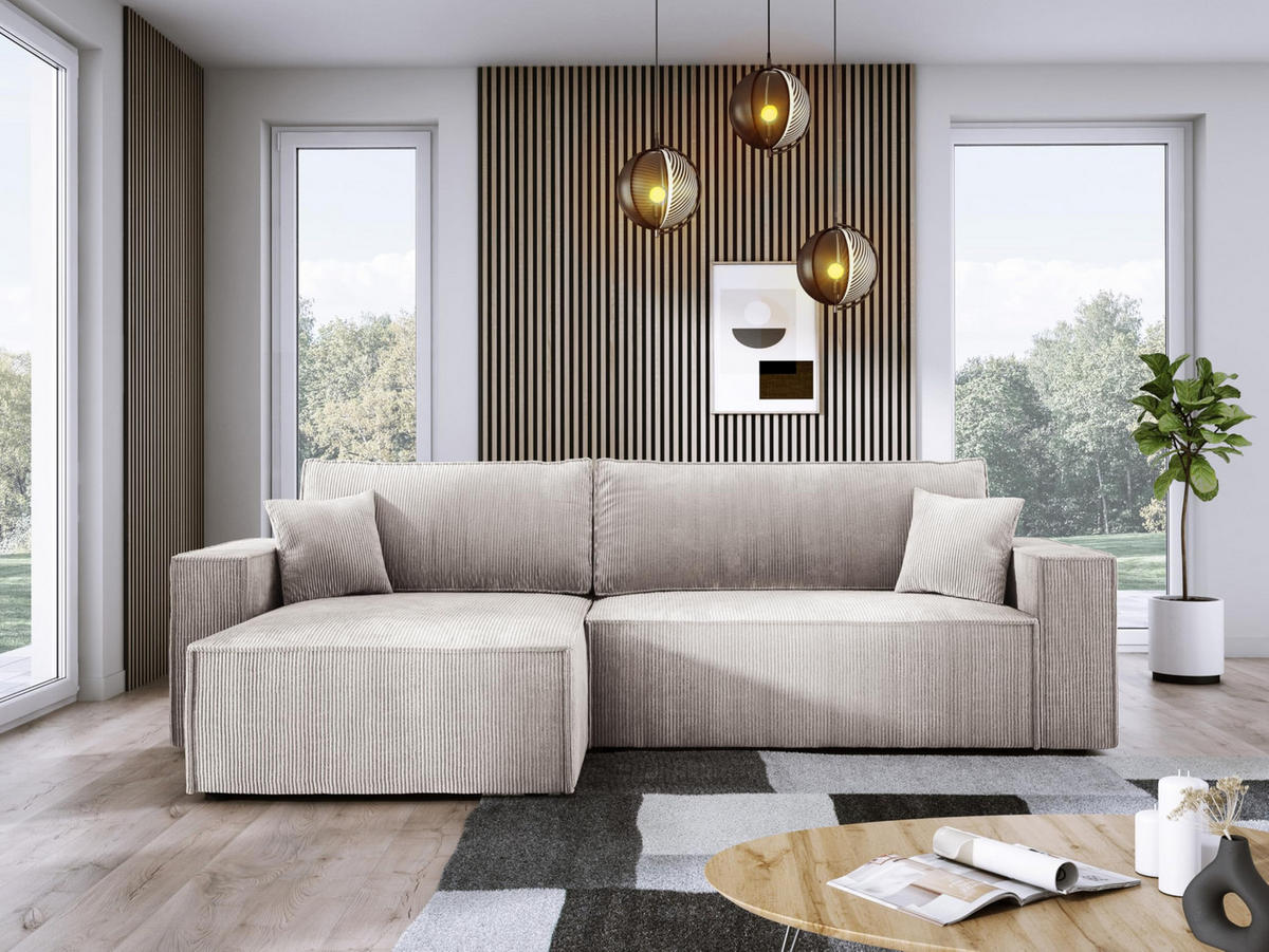 ECKSOFA POSO XL UNIVERSAL, Schlaffunktion und Lattenrost - L-Form, Cord, Federung auf Wellfedern, 274x143x83 cm, Links Light rose - Hellrosa, Holz/Textil (277/143cm) - DomoHome