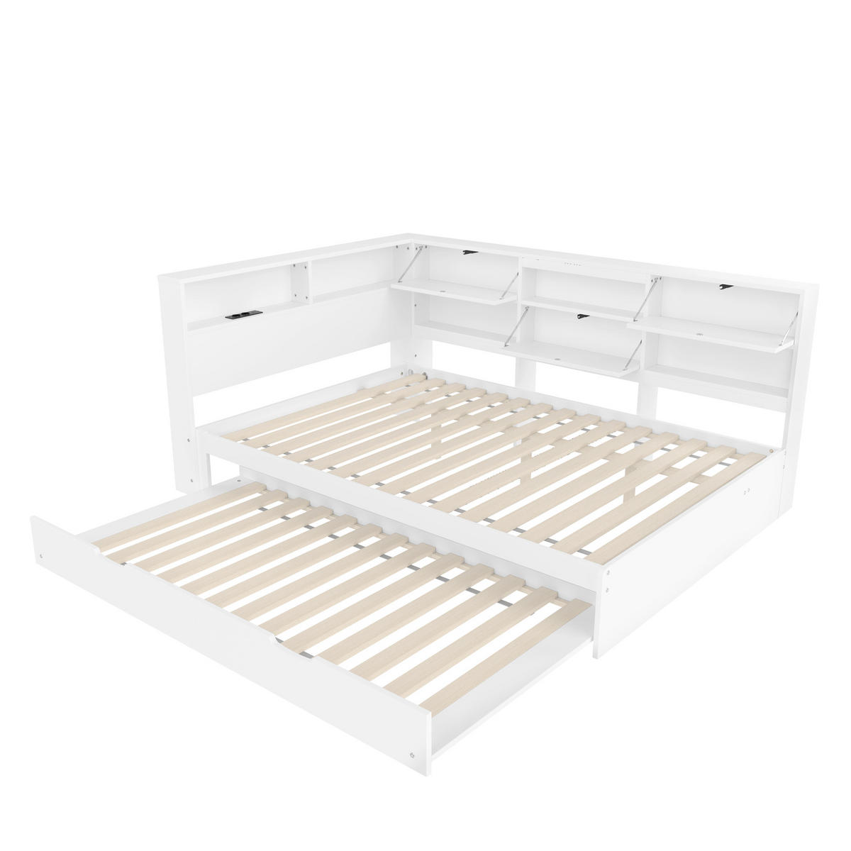 TAGEBETT 140x200cm Weiß Kopfteil Staufach Ausziehbett - Weiß, Holz (140/200cm) - FLIEKS