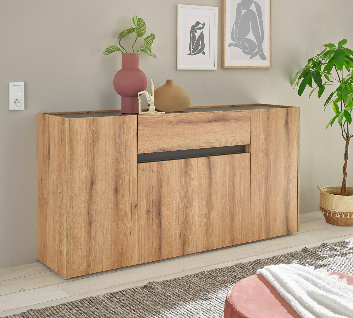 SIDEBOARD Eiche Evoke, grau 170 cm, Kommode 4-türig - Eichefarben/Schwarz, Holz/Holzwerkstoff (170/87/40cm) - Furn.Design