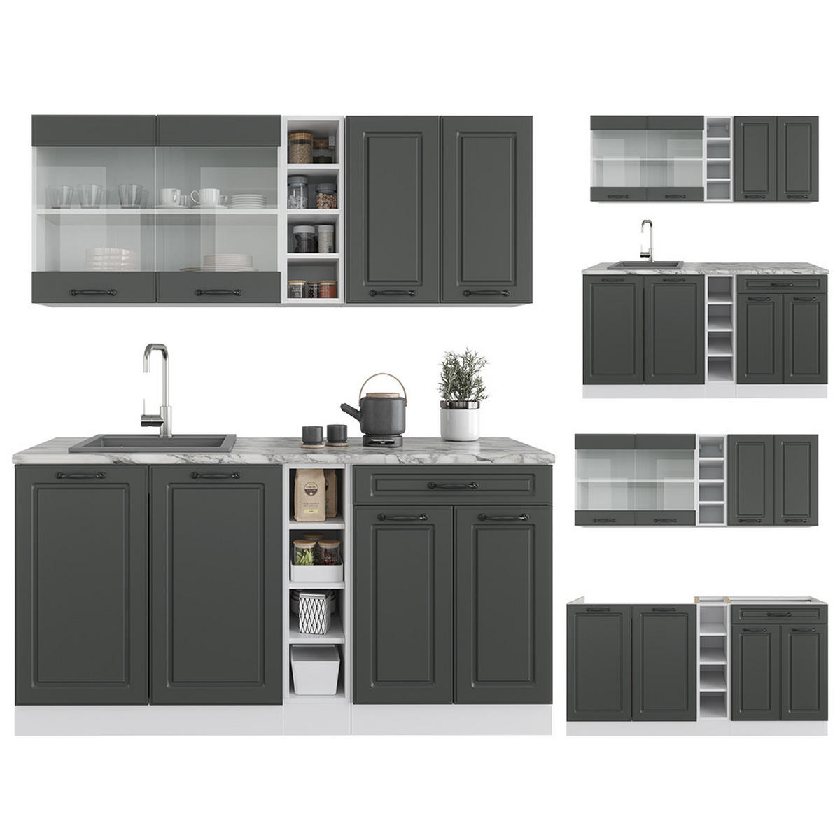 SINGLEKÜCHE R-Line Anthrazit Landhaus/Weiß 160 cm, AP Anthrazit - Dunkelgrau/Anthrazit, Holzwerkstoff (160/81.6/60cm) - Vicco