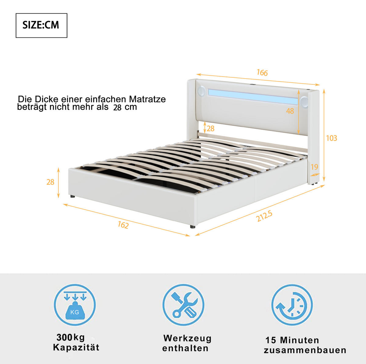 POLSTERBETT aus PU-Leder 160x200 cm Weiß mit LED, Bluetooth, USB und hydraulischem Bettkasten - Weiß, Kunststoff (160/200cm) - Modfu