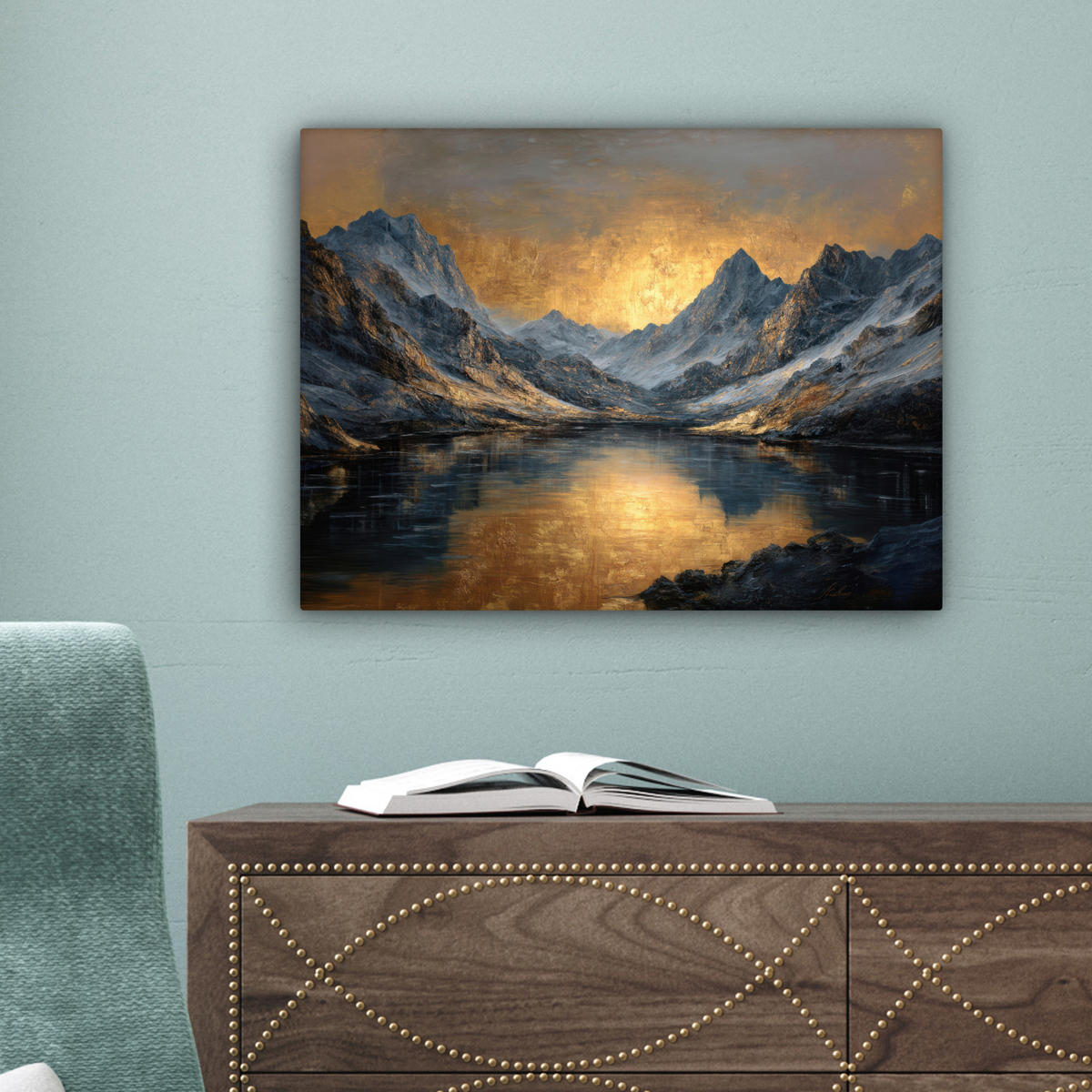 LEINWANDBILD Bergkulisse mit goldenem Sonnenuntergang Wandbild 40x30 cm - Goldfarben, Textil (40/30cm) - MuchoWow