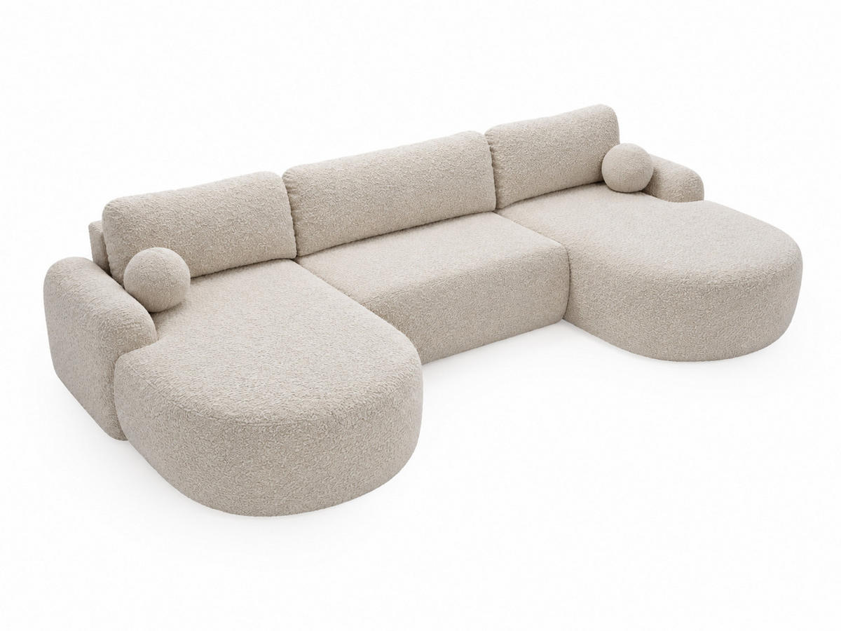 ECKSOFA Aurio U Bouclé-Stoff Creme - Creme/Schwarz, Kunststoff/Textil (347/177cm) - Graingold