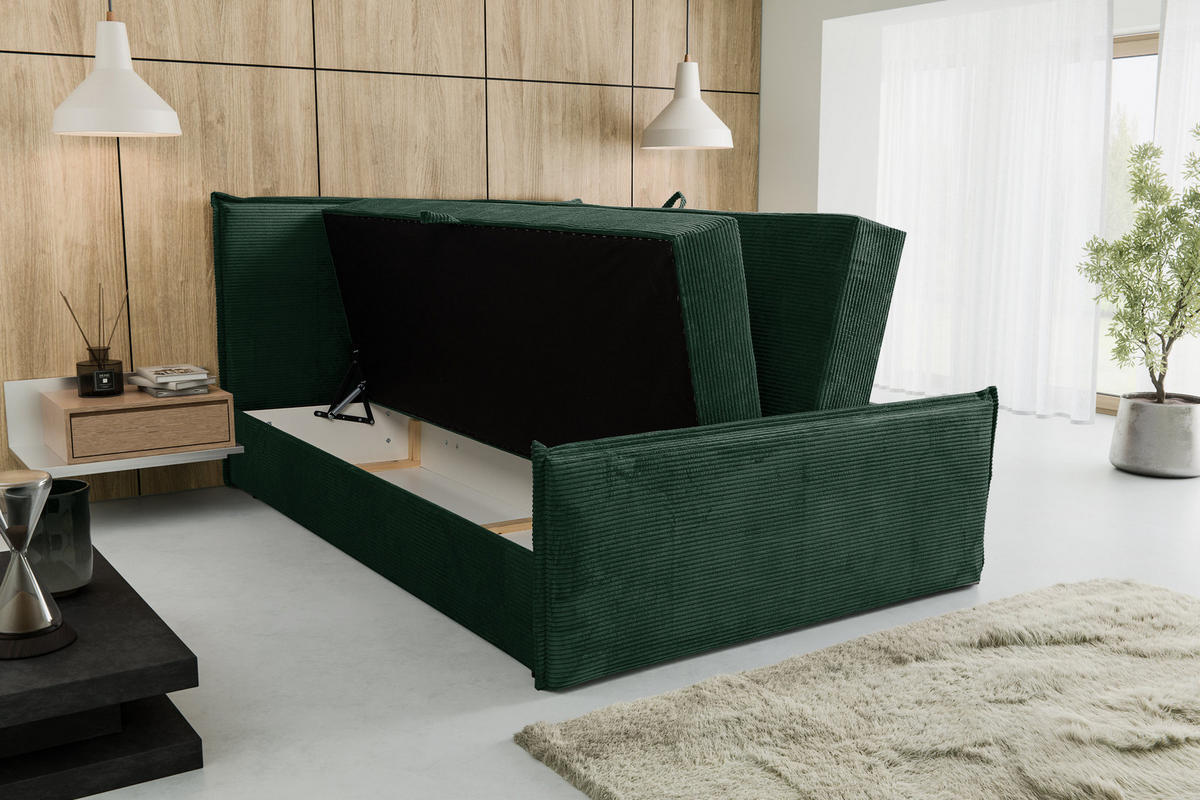 BOXBETT Vanessa mit 2 Bettkästen, 140x200, Farbe: Grün, Cordstoff, mit Bonell-Matratze inkl. Topper - Grün, Holz/Kunststoff (140/200cm) - VENASI MÖBEL