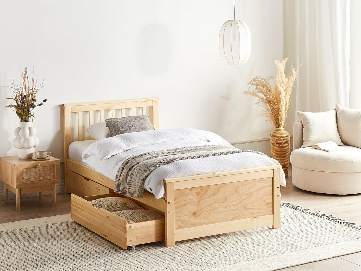BETT mit Schubladen 90x200 cm Heller Holzfarbton Olendon - Hellbraun, Holz (90/200cm) - Beliani