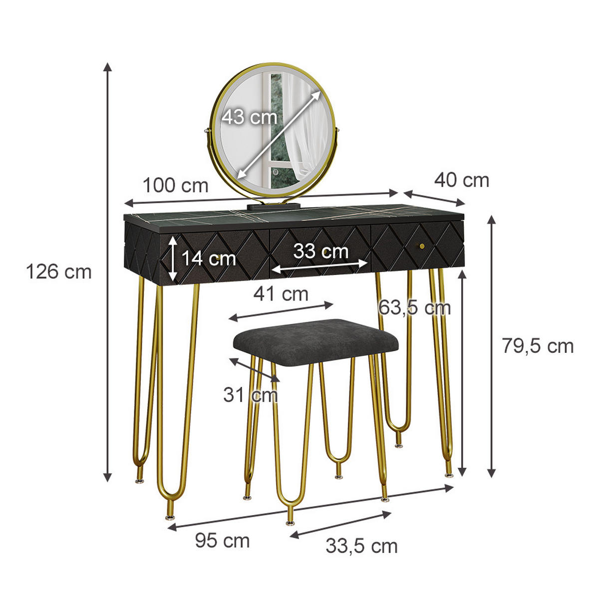SCHMINKTISCH Mirabell Schwarz 100 cm mit LED Spiegel und Hocker - Schwarz, Holzwerkstoff (100/79.5/40cm) - Vicco