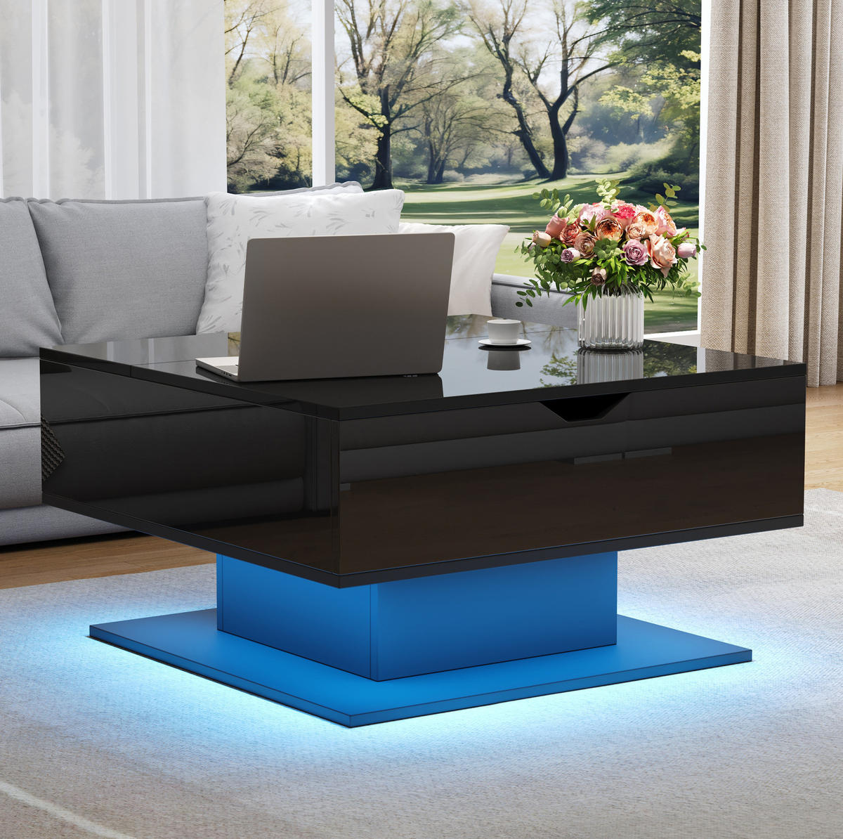 KONFERENČNÍ stolek 80/75/40 cm černý z dřevotřísky se zdvihací deskou a LED - černá, kompozitní dřevo (80/77/40cm) - OKWISH