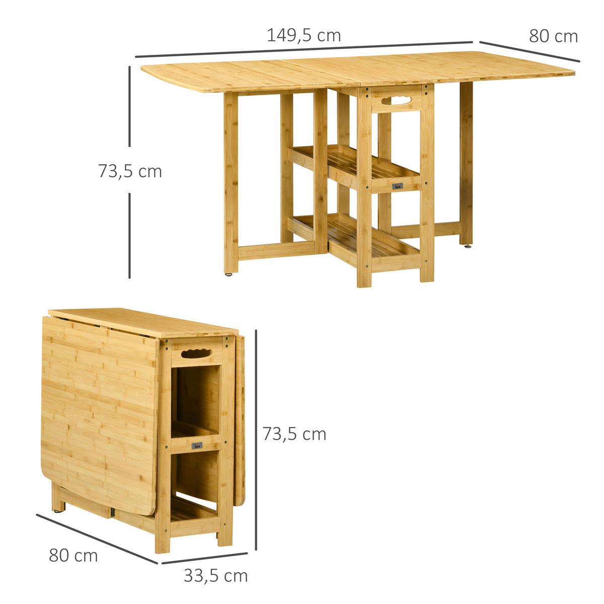 ESSTISCH 149,5/80/73,5 cm klappbar mit 2 Ablagefächern und verstellbaren Füßen aus Bambus, Naturholz - Braun, Holz (149.5/80/73.5cm) - Redom