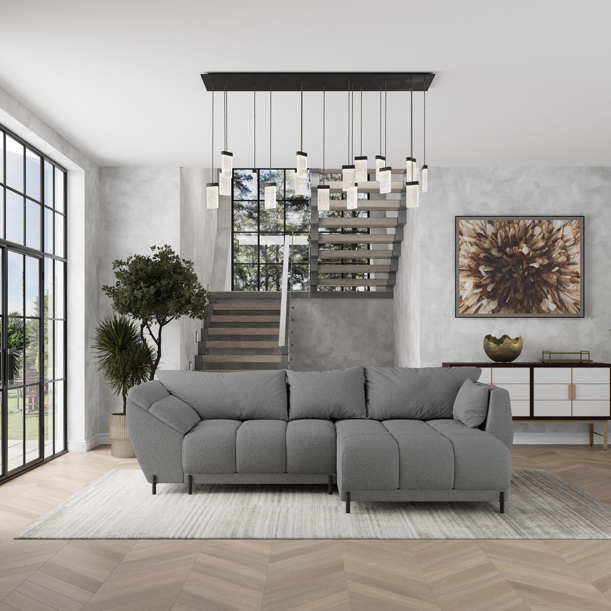 ECKSOFA VESTANO R-S Grau Boucle-Stoff mit Schlaffunktion - Grau, Holz (287/182cm) - MASSENO