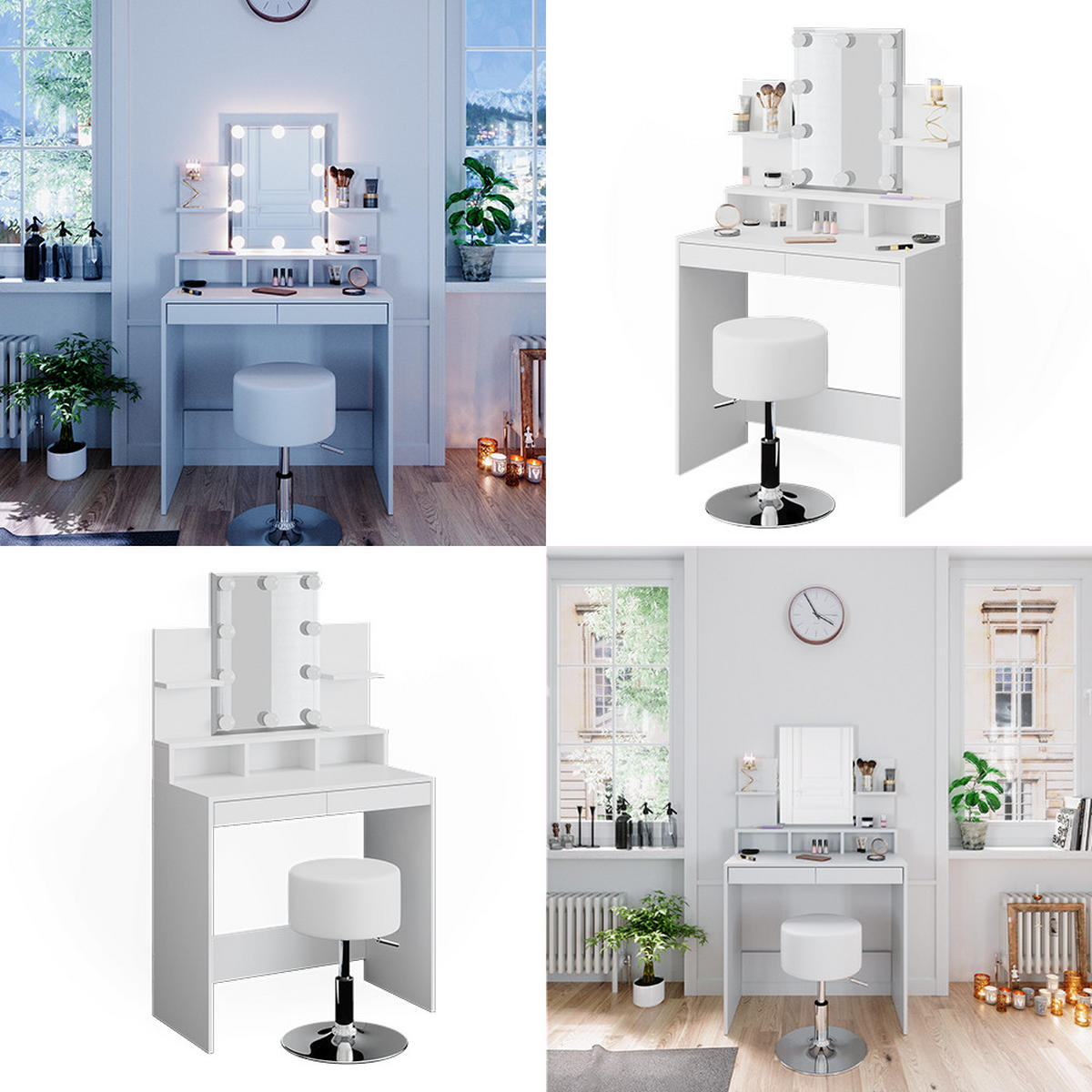 SCHMINKTISCH Ania Weiß 80 cm mit LED Beleuchtung und Hocker - Weiß, Holzwerkstoff (80/139.6/40cm) - Vicco