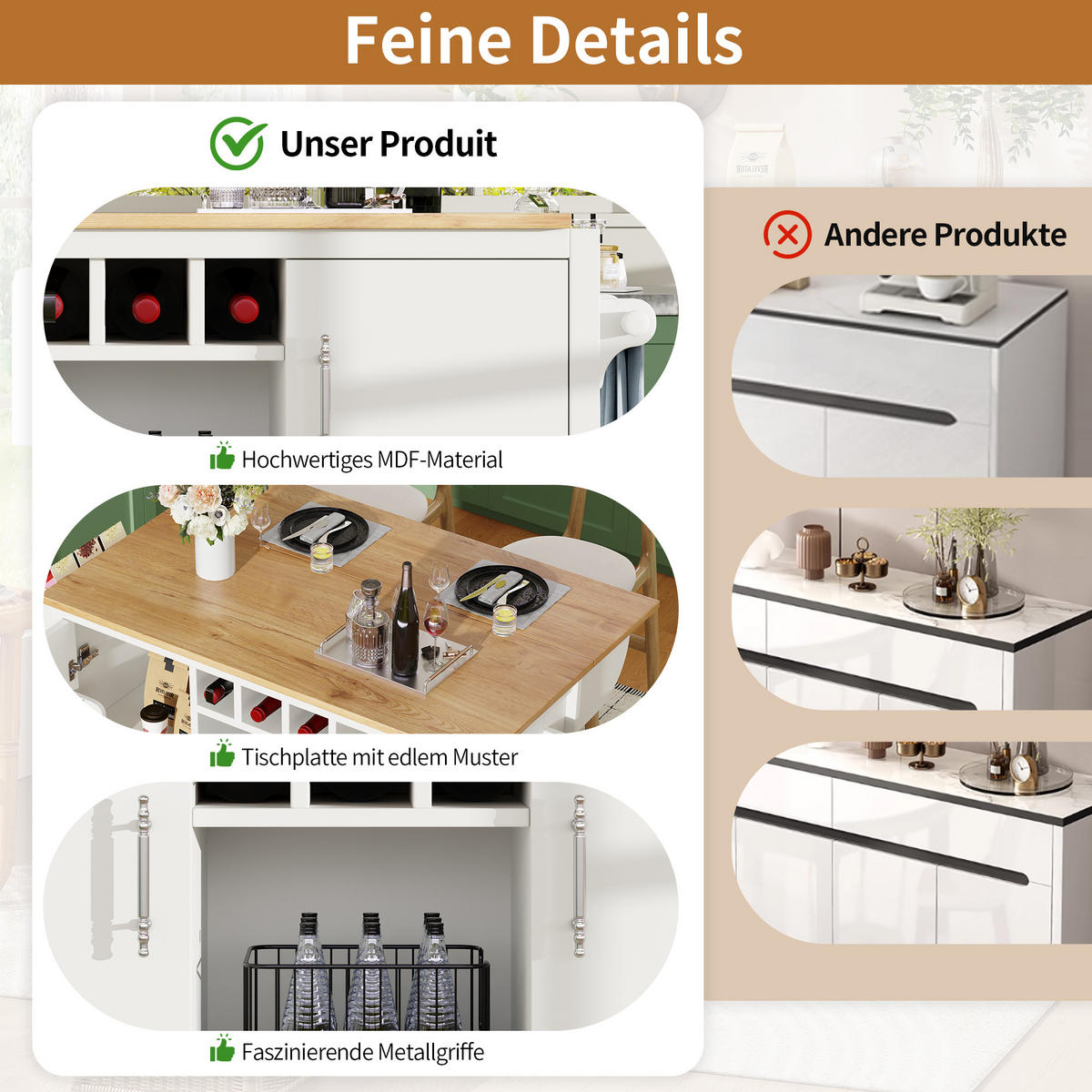 KÜCHENINSEL 137.9x73x92cm aus MDF/Metall mit Klapptisch & Weinregal - Weiß, Holzwerkstoff (137.9/92/73cm) - Modfu