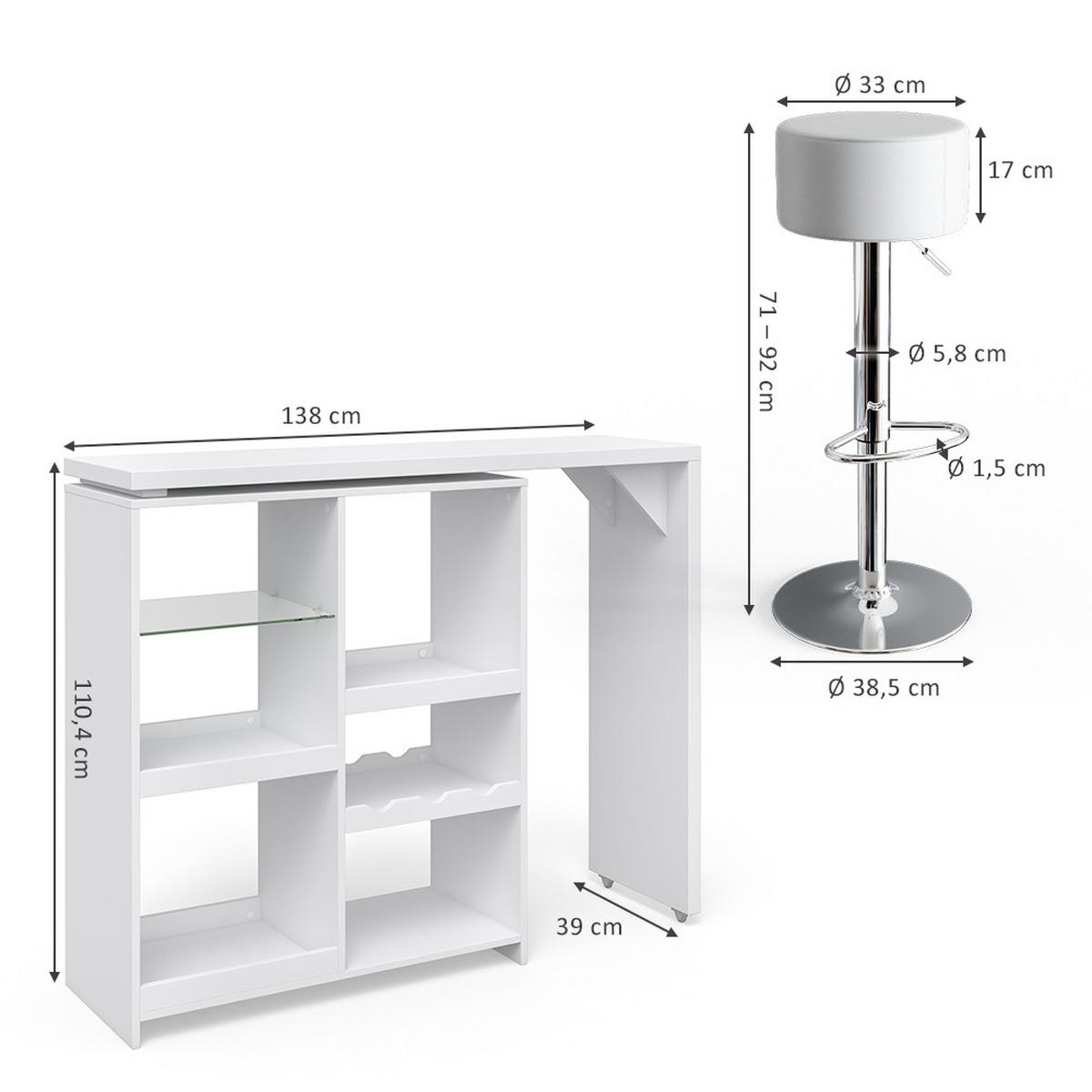 BARTISCH-SET Vega Weiß 138 x 39 cm mit 2 Barhockern - Weiß, Holzwerkstoff (138/110.4/39cm) - Vicco