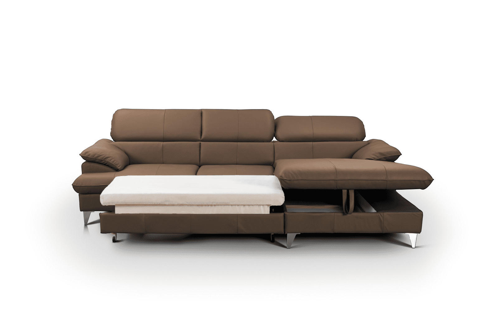 ECKSOFA mit Schlaffunktion und Bettkasten, Echtleder - Chromfarben/Hellbraun, Leder/Holz (167/254cm) - Cotta