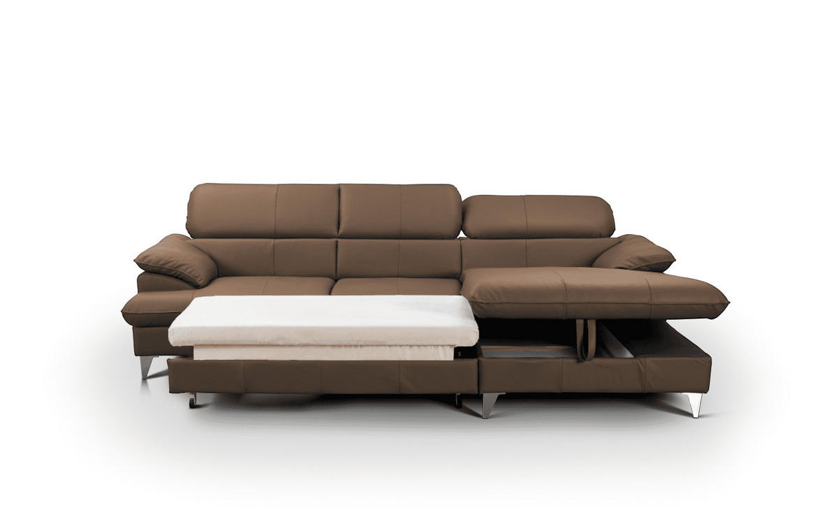 ECKSOFA mit Schlaffunktion und Bettkasten, Echtleder - Chromfarben/Hellbraun, Leder/Holz (167/254cm) - Cotta