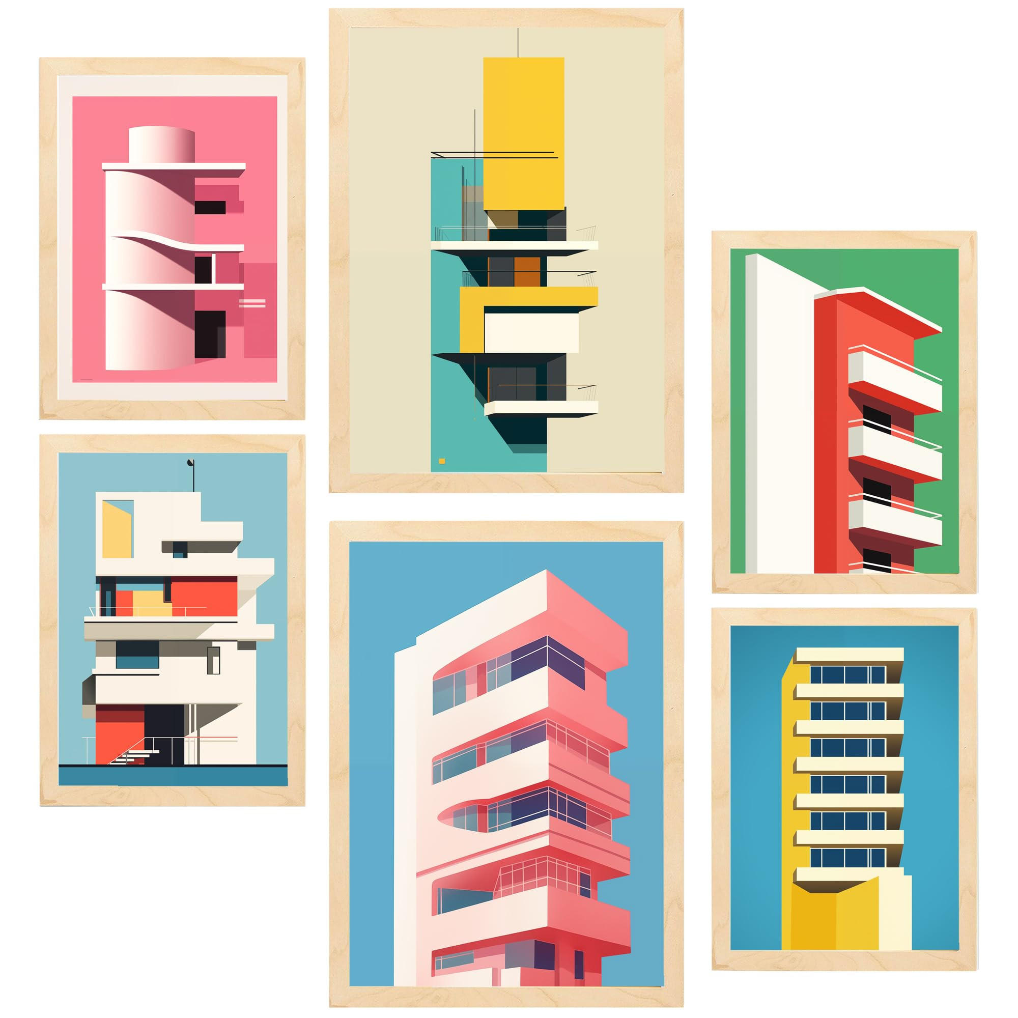 POSTER Set Mit 6 Bauhaus Rosa A3 & A4 Rahmen Aus Hellem Holz - Beige, Papier (29/3cm) - Nacnic