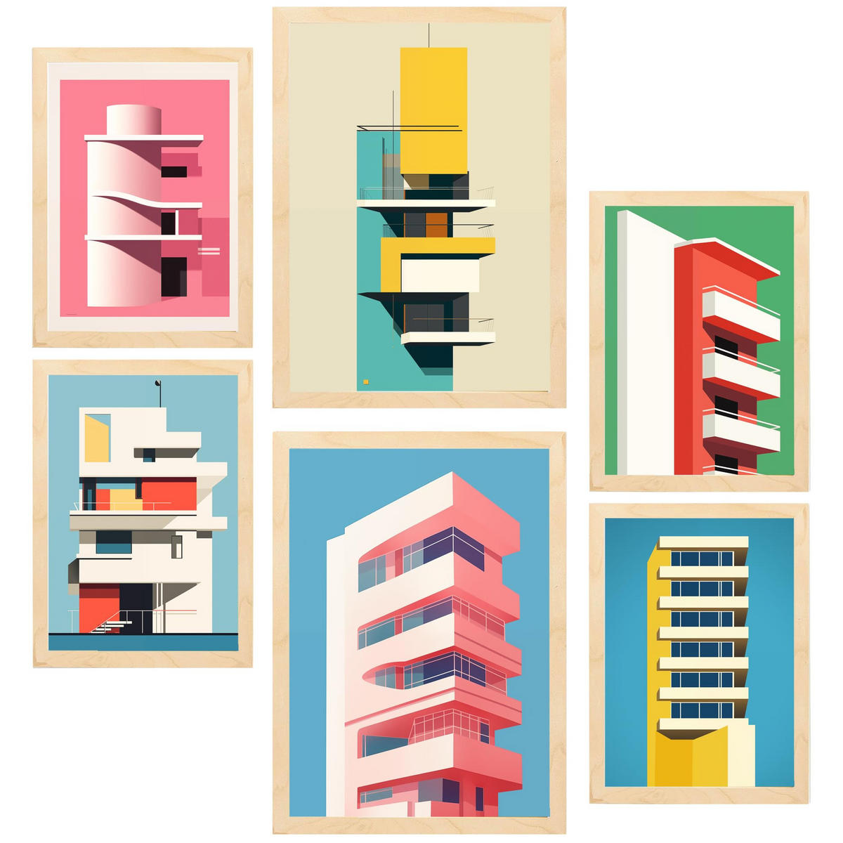 POSTER Set Mit 6 Bauhaus Rosa A3 & A4 Rahmen Aus Hellem Holz - Beige, Papier (29/3cm) - Nacnic