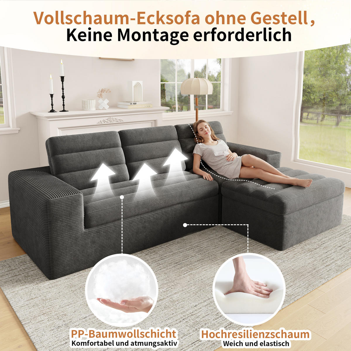 ECKSOFA 253/161/89 cm Dunkelgrau mit 1 Fußhocker - Dunkelgrau, Textil (253/161cm) - Oxeza