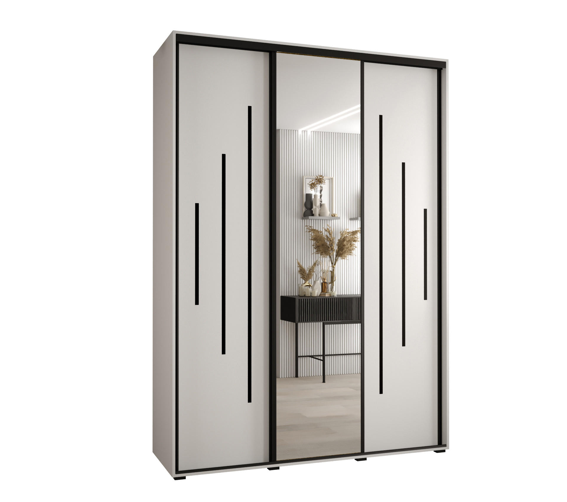 Abiks Möbel Schwebetürenschrank Weiß, Weiß, Schwarz 170x235x45 cm