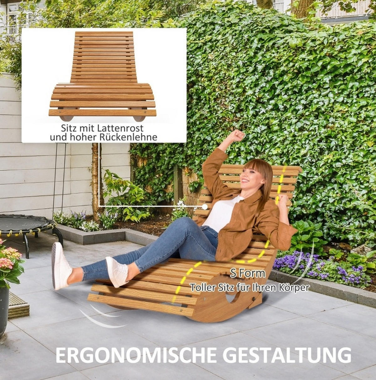 SCHAUKELLIEGE Garten-Schaukelstuhl 130/60/60 cm aus Holz mit verstellbarer Schaukelbasis Teak - Naturfarben, Holz (60/60/130cm) - Modenvie