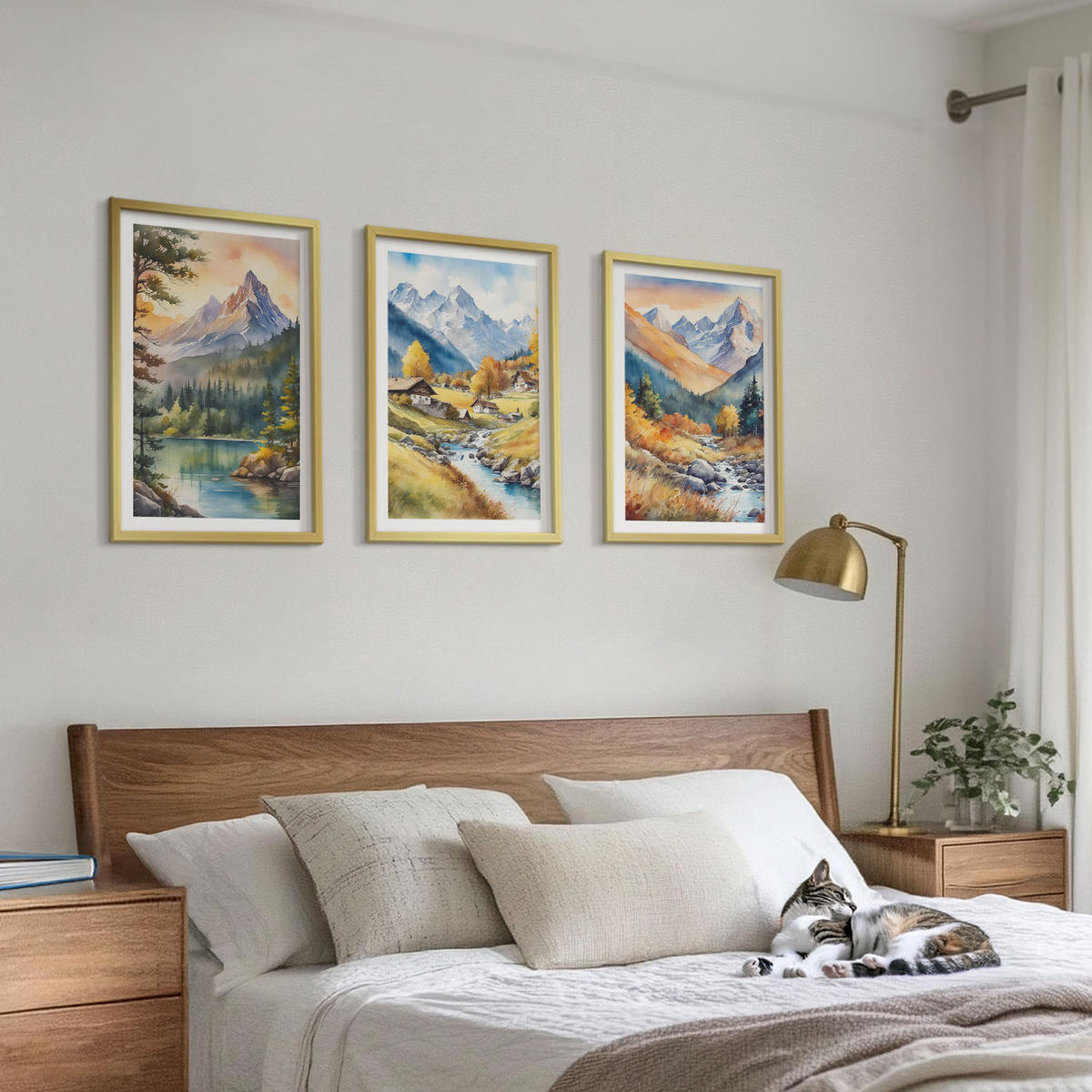 WANDBILDER 3er Set - 40x60 cm Goldrahmen - Berglandschaft mit einem Fluss - Goldfarben, Kunststoff (40/60cm) - ArtPrintCave
