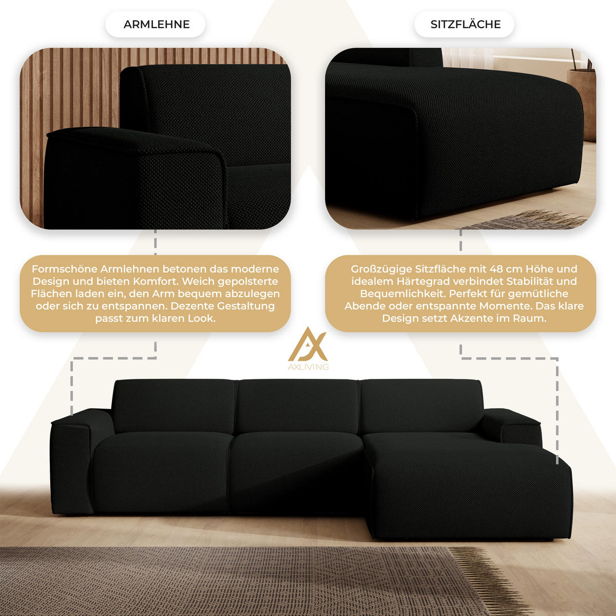 ECKSOFA L Form Didim mini Schwarz 310/165/78 cm – stilvolle kleine Eckcouch R - Schwarz, Kunststoff/Textil (310/165cm) - AX Living