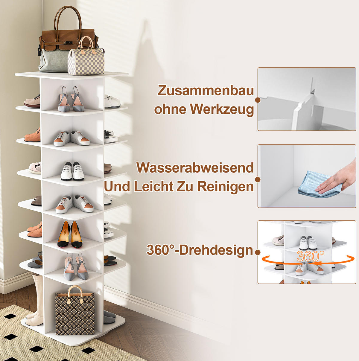 SCHUHREGAL 60/60/184 cm drehbar, 7 Ebenen und hoher Boden aus PVC, Weiß - Weiß, Holzwerkstoff (184/60/60cm) - Redom