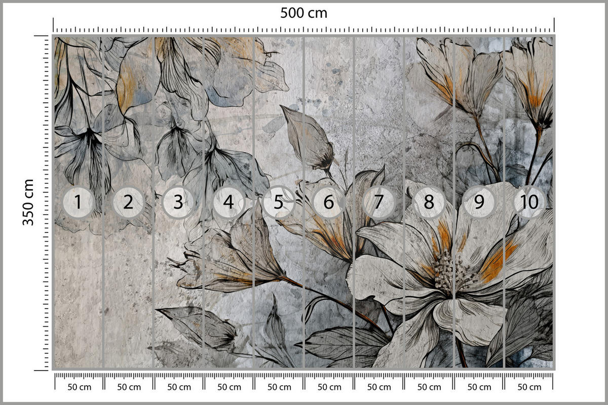 FOTOTAPETE für Büro Blumen Blätter Betongrund Vintage Pflanzen 500x350 - Grau, Papier (500/350cm) - Muralo