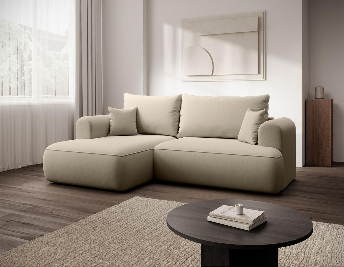ECKSCHLAFSOFA Ovo Mini Hellbeige Easy-Clean-Samtbezug - Ecru/Schwarz, Kunststoff/Textil (238/156cm) - Selsey