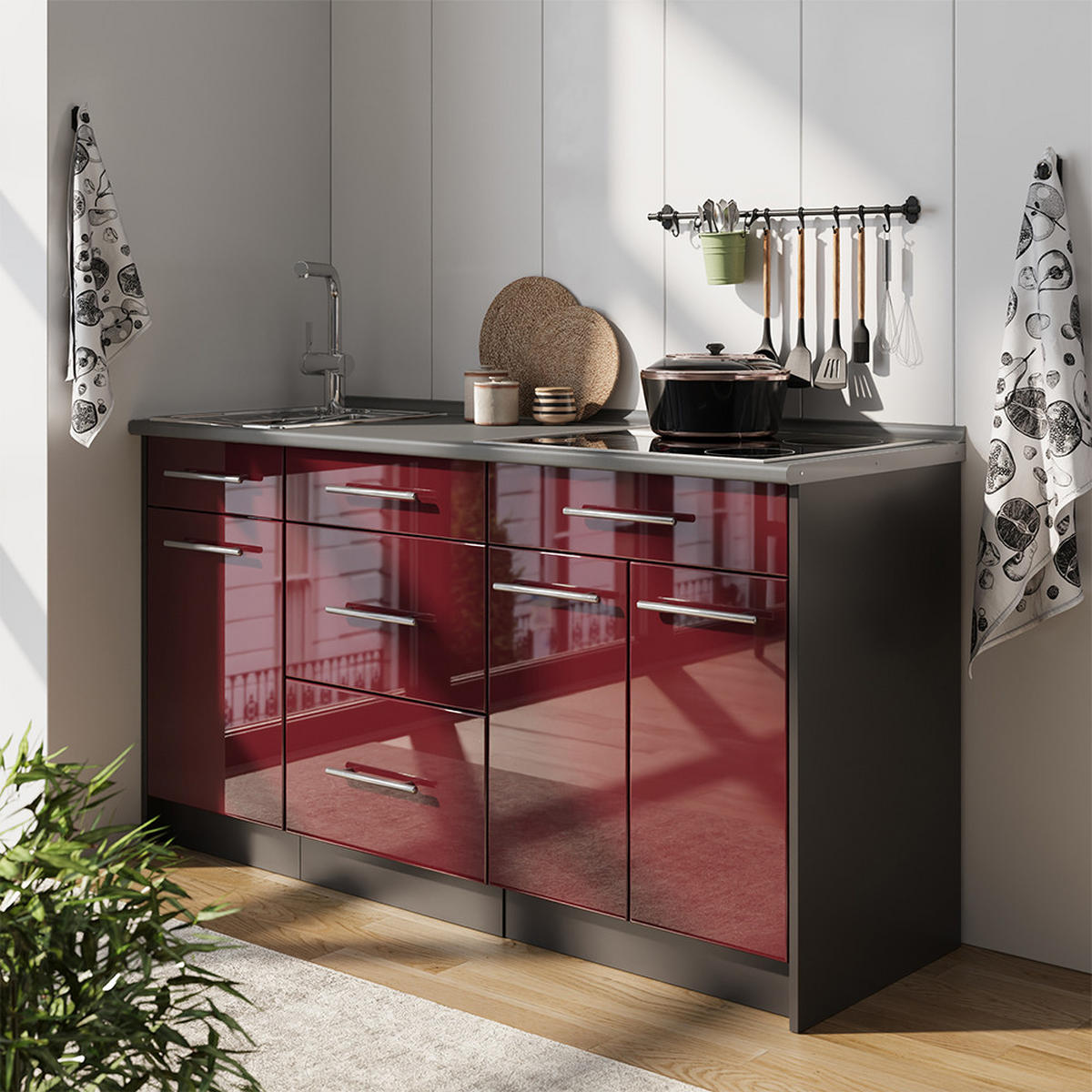 KUCHYNSKÝ BLOK Fame-Line, Bordeaux vysoký lesk, 150 cm, AP Oak - bordová/antracitová, kompozitné drevo (150/82/60cm) - Vicco