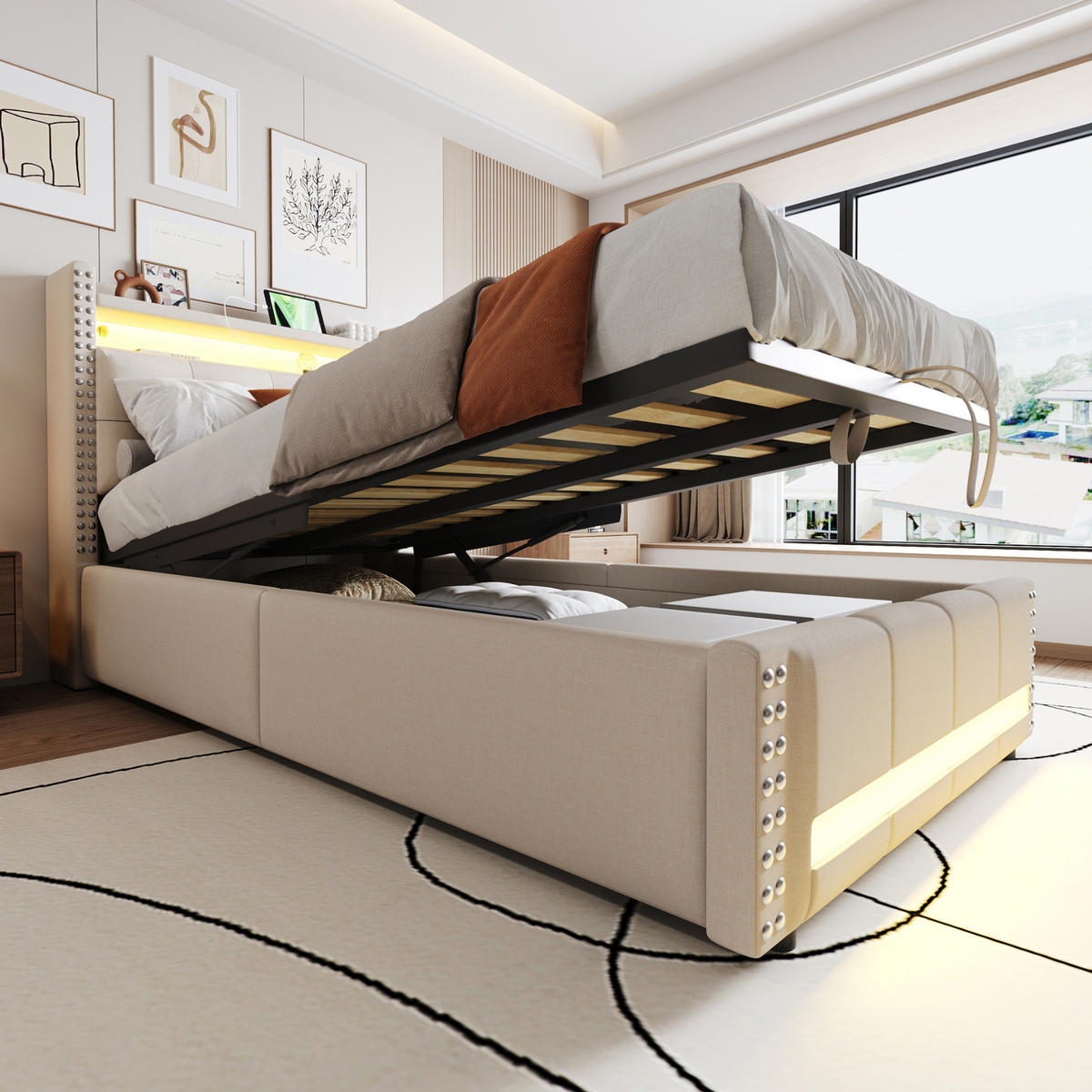 POLSTERBETT aus Leinenstoff 90x200 cm in Beige mit LED, USB & Stauraum - Beige, Textil (90/200cm) - Modfu