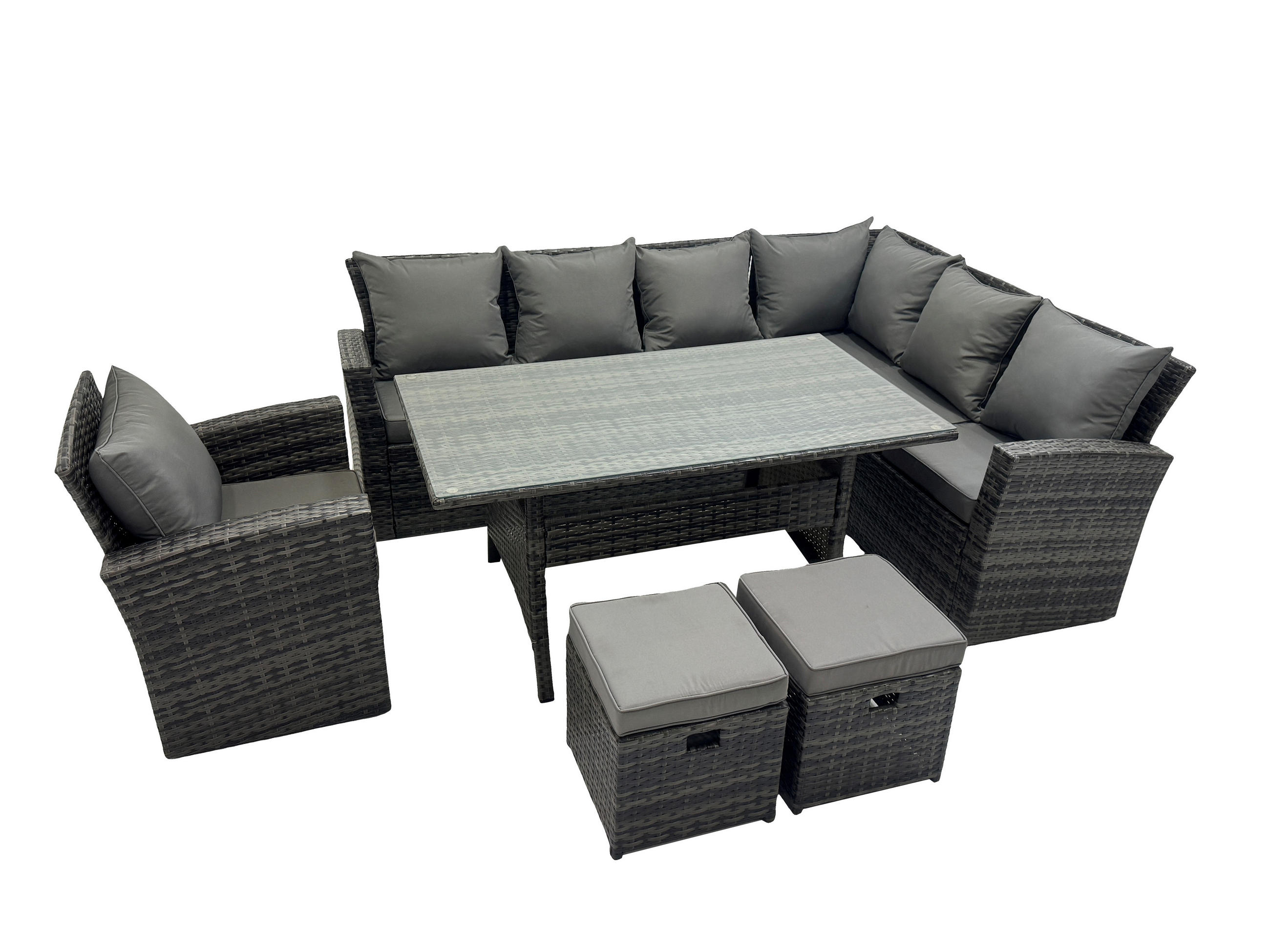 LOUNGEGARNITUR mit Couchtisch Sofa,2 Hocker Polyrattan Dunkelgrau 9-Sitzer - Dunkelgrau/Grau, Glas/Kunststoff - Fimous