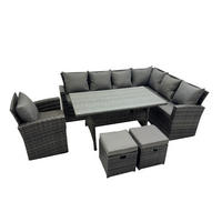 LOUNGEGARNITUR mit Couchtisch Sofa,2 Hocker Polyrattan Dunkelgrau 9-Sitzer - Dunkelgrau/Grau, Glas/Kunststoff - Fimous