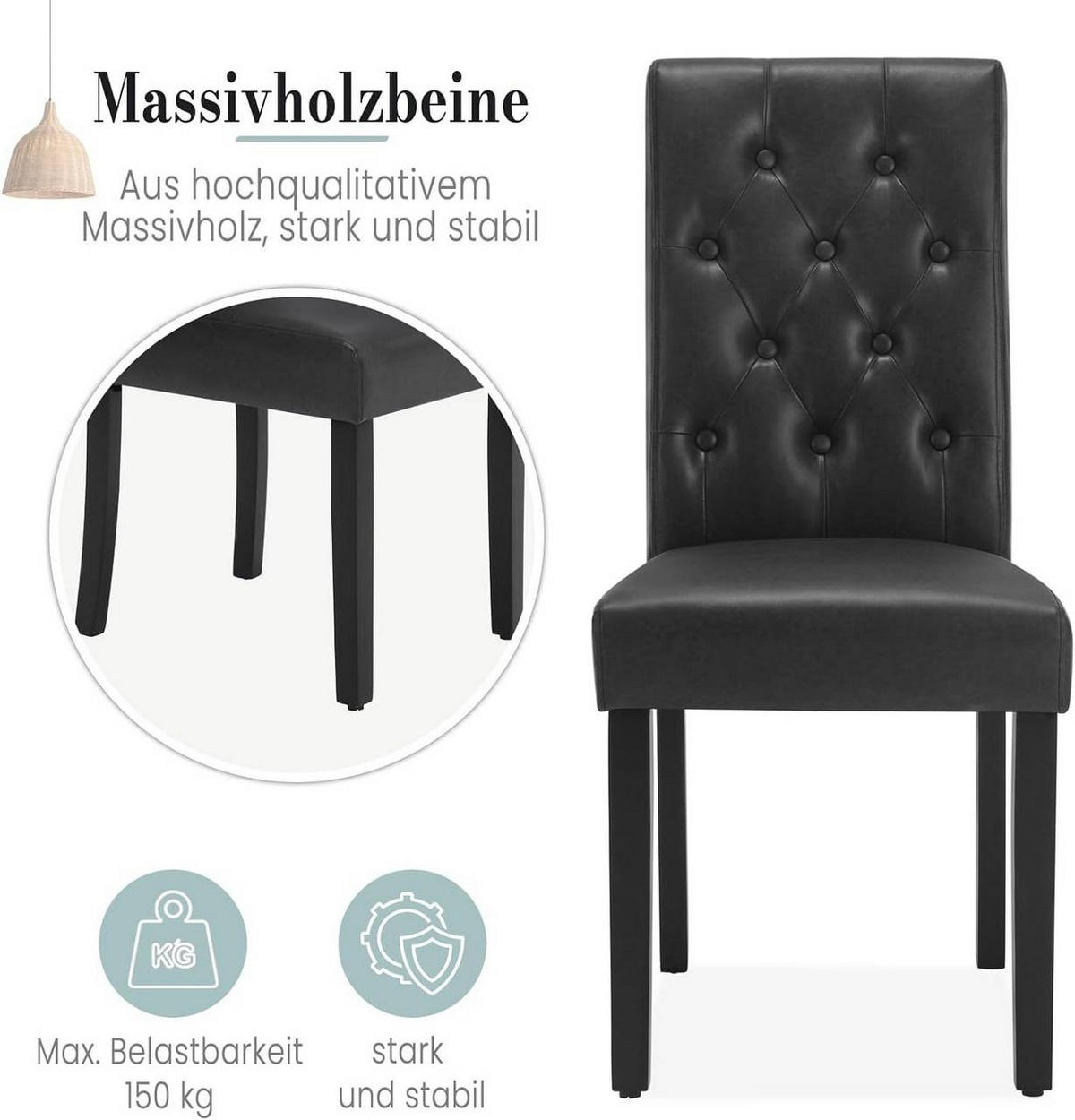 ESSZIMMERSTUHL 2er Set, Kunstleder, Holzbeinen, Schwarz - Schwarz, Holz/Kunststoff (44/99/59cm) - Woltu