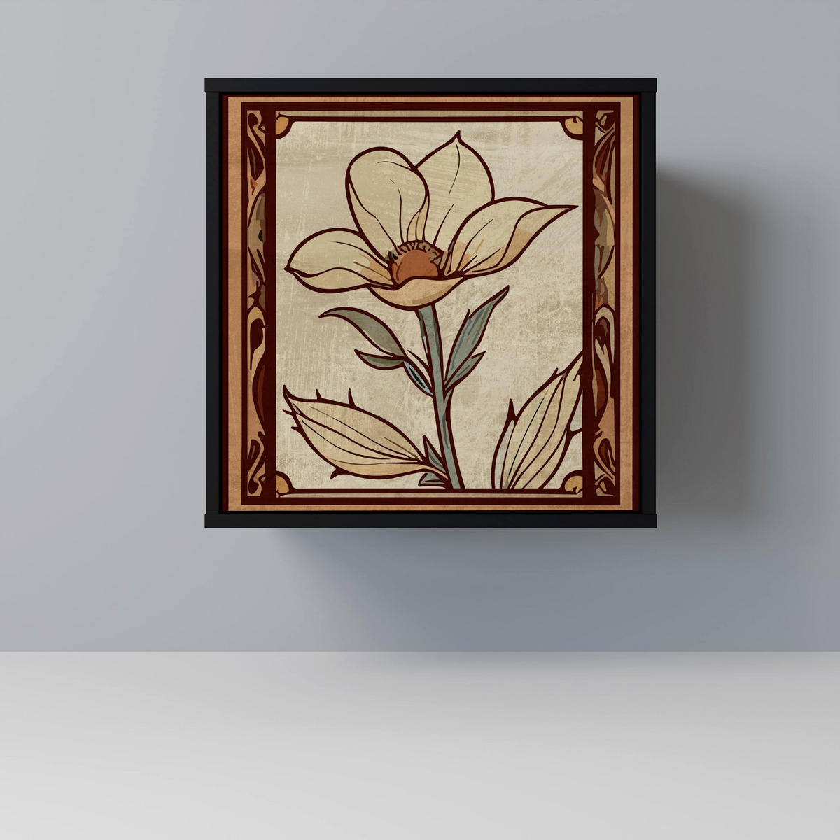 SIDEBOARD TIMELESS FLORA, Schwarz, 57,5x42x70,5 cm, Schwarze Metall-Sternfüße - Multicolor/Schwarz, Holzwerkstoff/Metall (57.5/70.5/42cm) - SpaceRebels