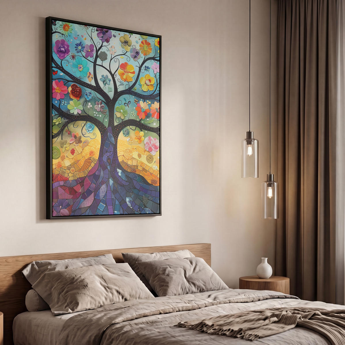 LEINWAND Bilder mit Rahmen - Kunst - Baum des Lebens - Blumen - Hippie - 60x90 - Dunkelblau, Textil (60/90cm) - MuchoWow